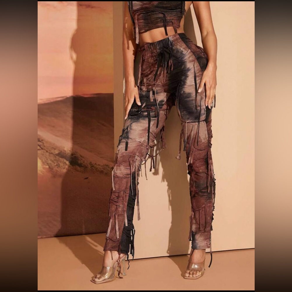 SXY Ladies' Tie Dye Fringed Strapless Top And Straight Pants Set